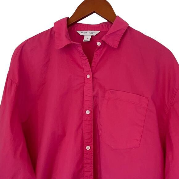 Old Navy Bright Pink Boyfriend Shirt Cotton Oversized Long Sleeve Button Down M - Picture 3 of 12